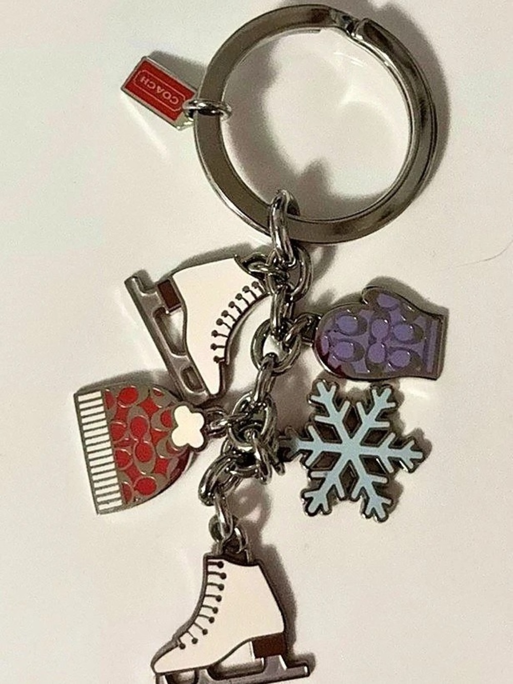 Coach Ice Skate Mix Snowflake Mitten Key Chain Bag Charm Fob Silver & Red